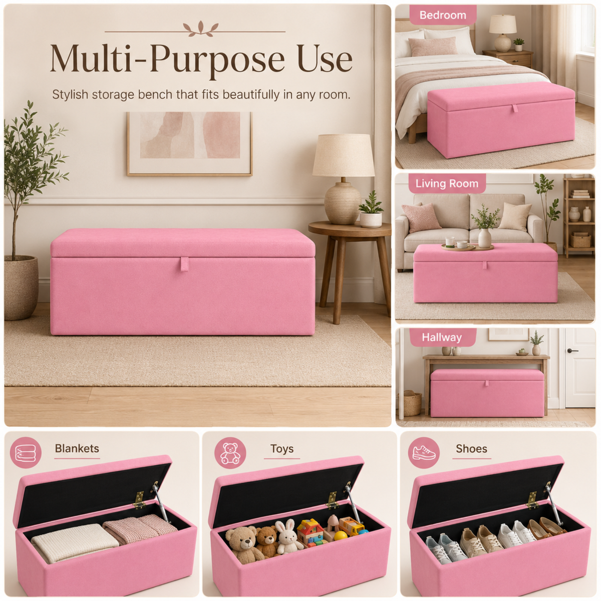 Storage Ottoman Box | Plain Plush Upholstered Bench | Hidden Storage Footstool