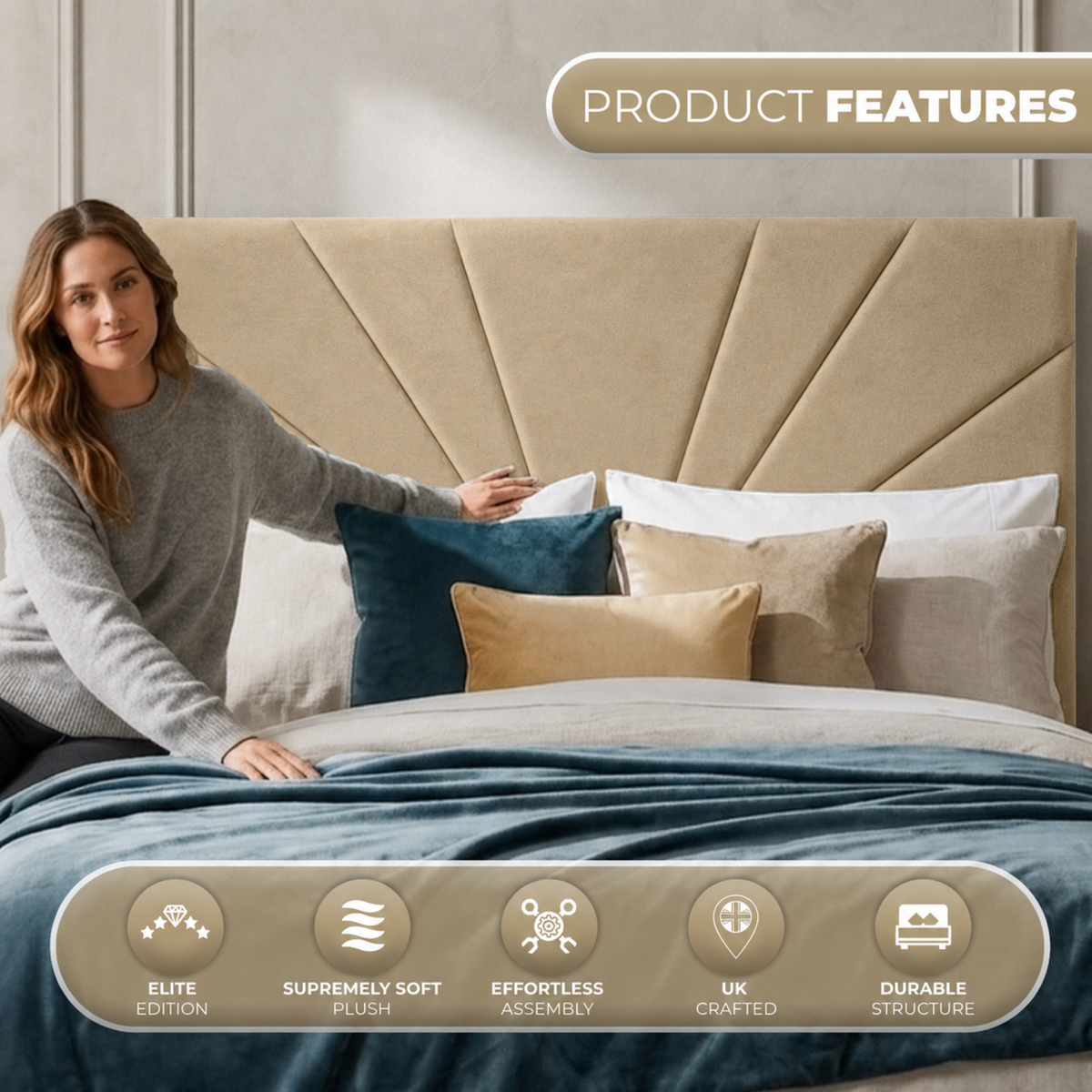Butterfly Plush Fabric Upholstered Headboard | Padded Divan Bed Headboard | 24" Luxury Headboard