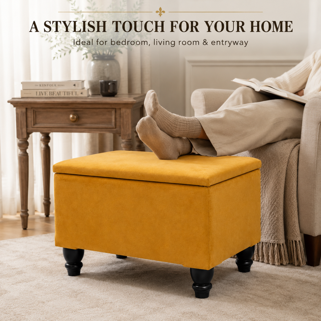 Small Ottoman Storage Footstool | Plain Top Plush Fabric Upholstered Storage Box