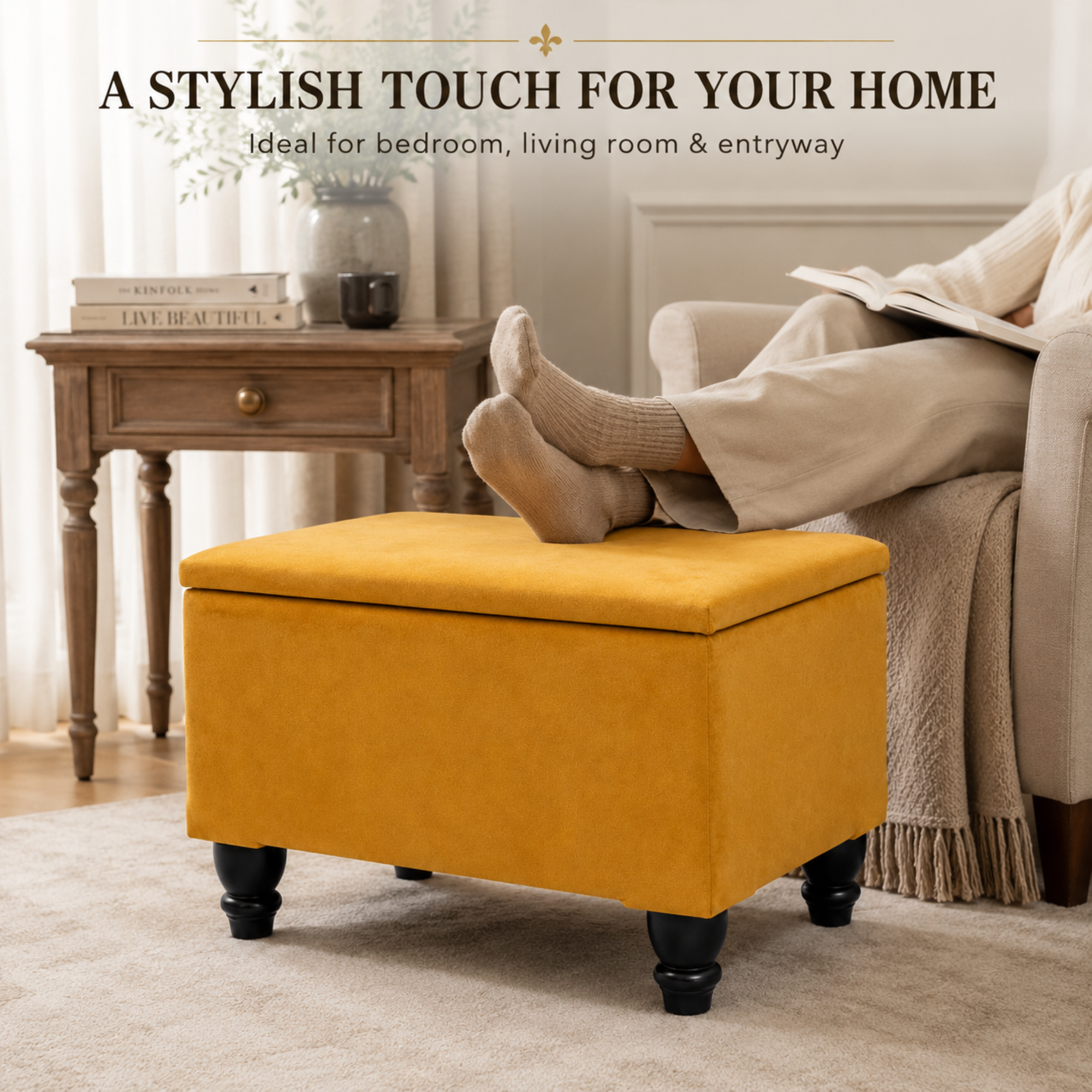 Small Ottoman Storage Footstool | Plain Top Plush Fabric Upholstered Storage Box
