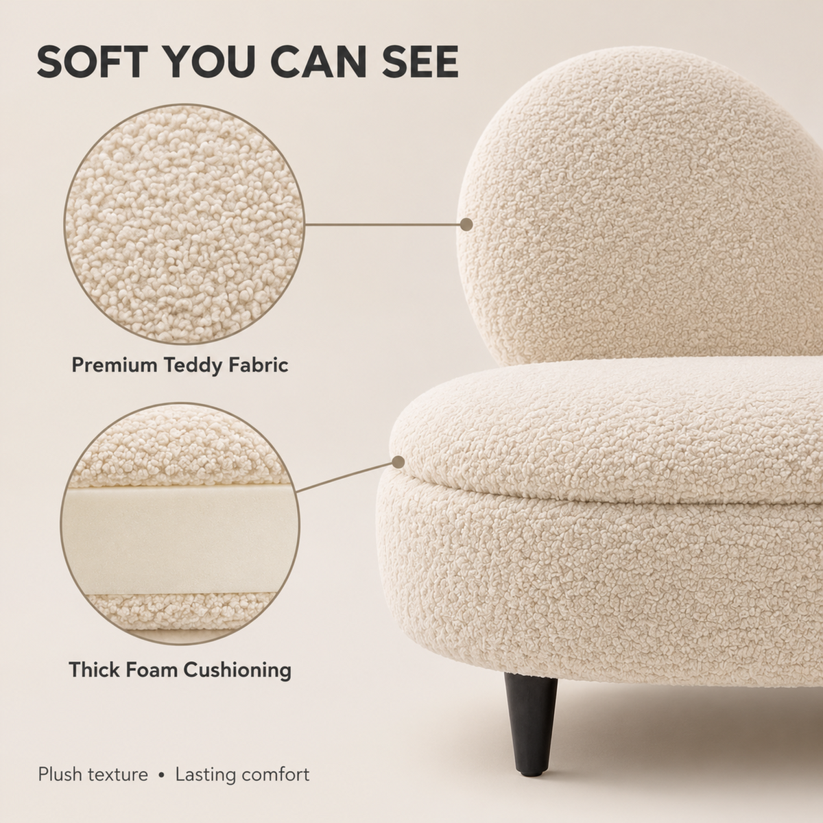 Plain Top Footstool - Teddy Fabric Foot Stool - Ottoman with Wooden Legs Removeable Backrest Footstool, Suitable For Resting Feet, Occasional Seating & Home Decor, Entryway, Home & Office