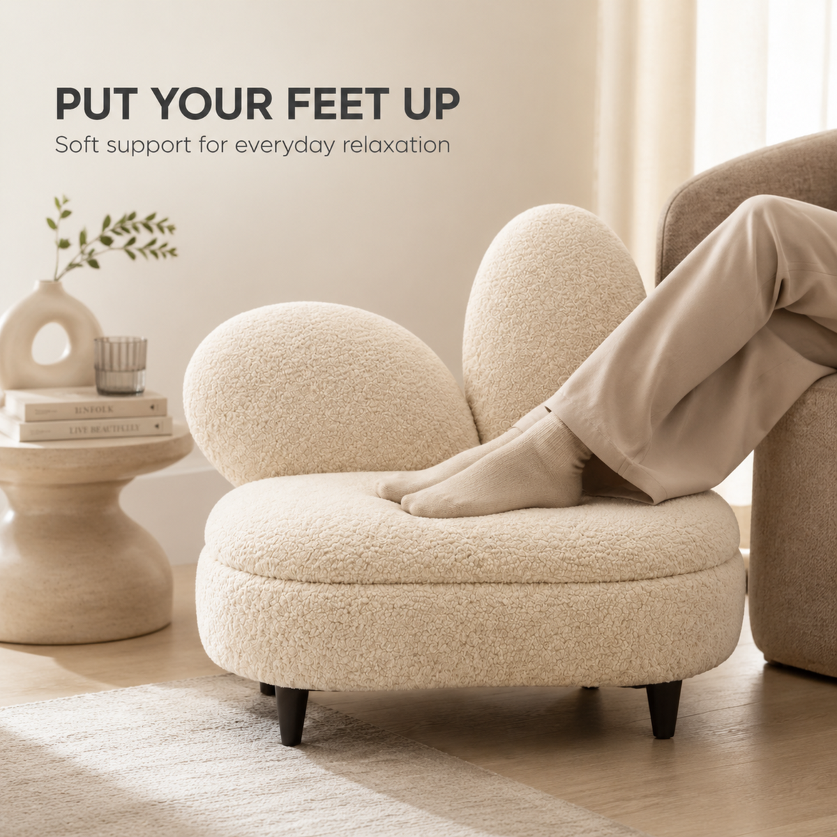 Plain Top Footstool - Teddy Fabric Foot Stool - Ottoman with Wooden Legs Removeable Backrest Footstool, Suitable For Resting Feet, Occasional Seating & Home Decor, Entryway, Home & Office