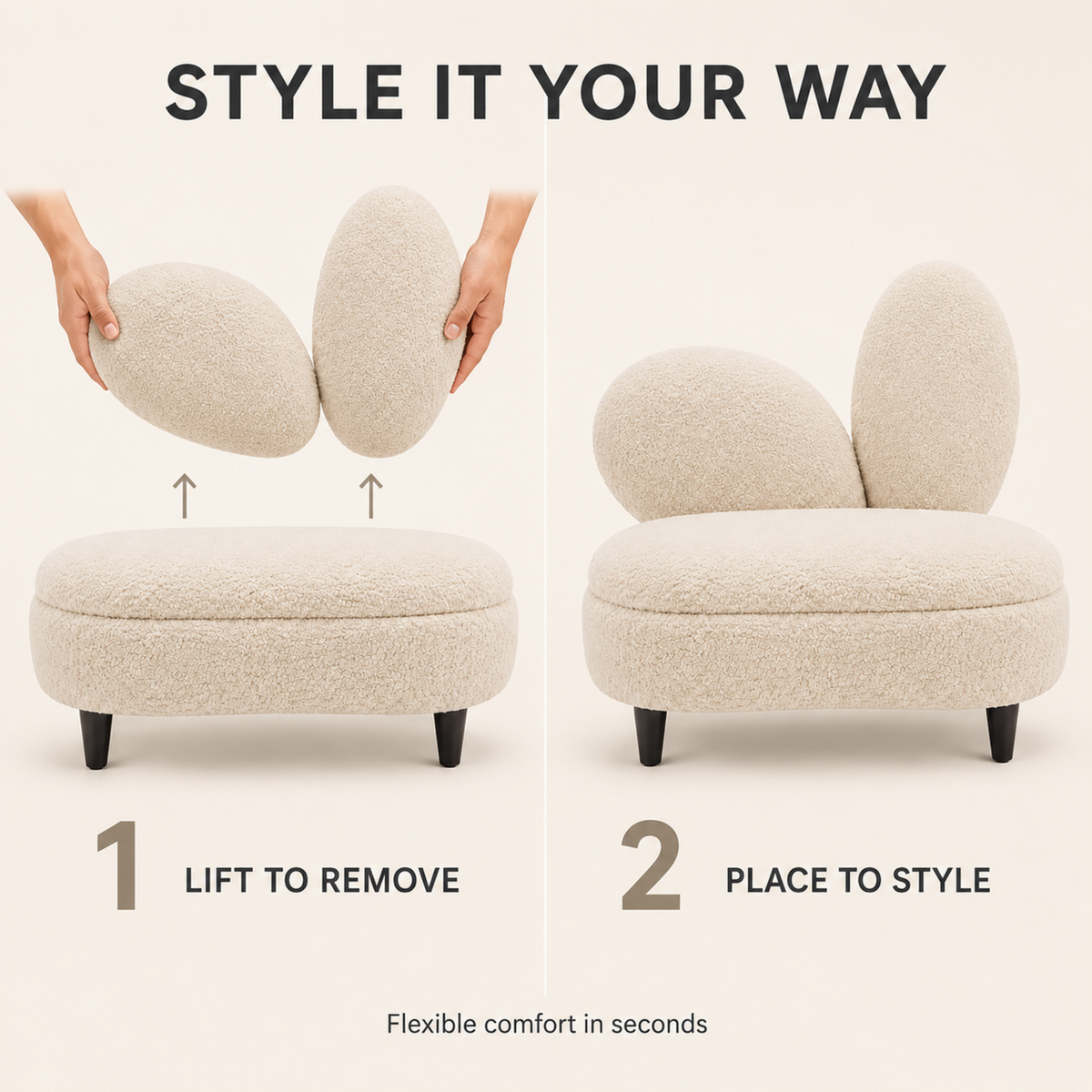 Plain Top Footstool - Teddy Fabric Foot Stool - Ottoman with Wooden Legs Removeable Backrest Footstool, Suitable For Resting Feet, Occasional Seating & Home Decor, Entryway, Home & Office