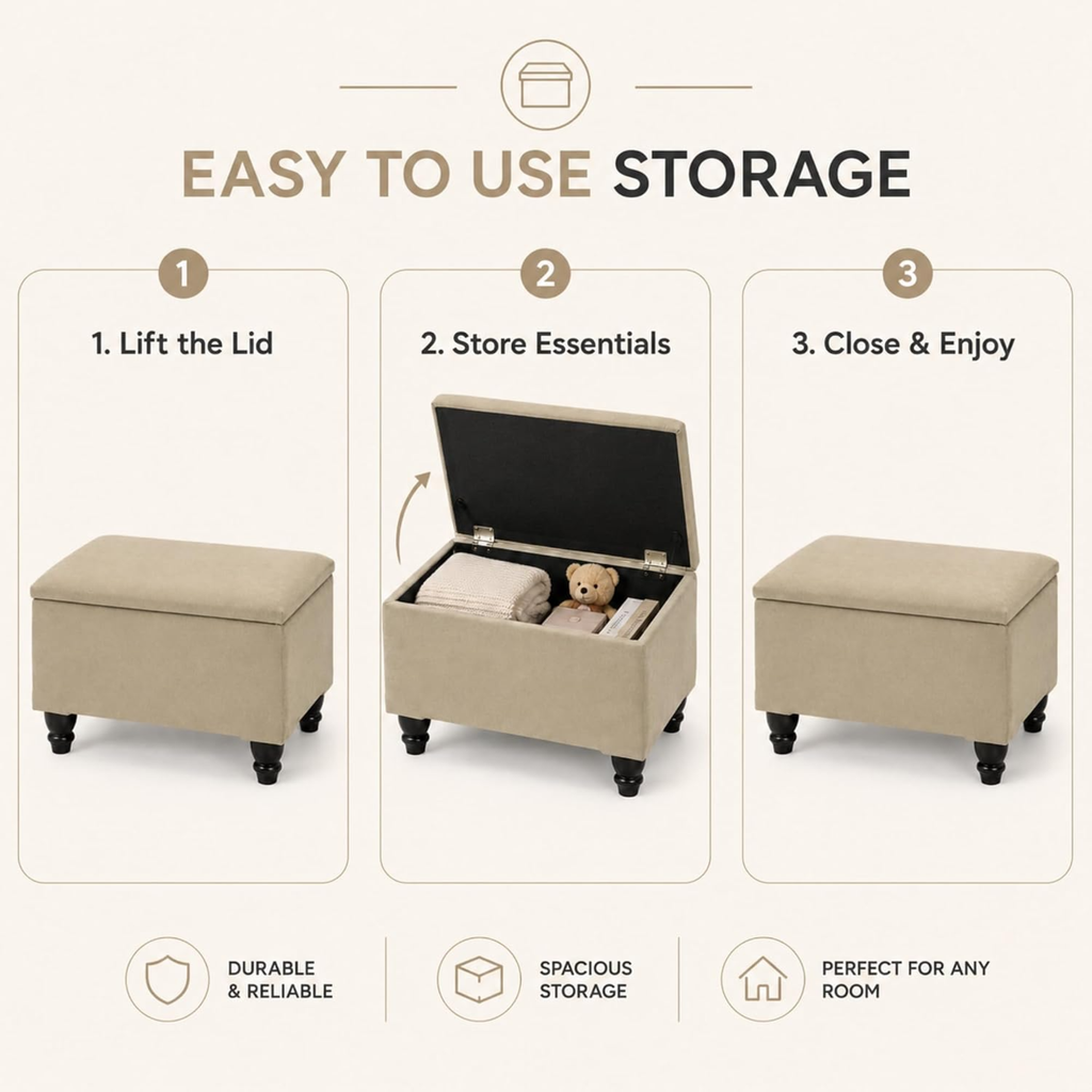 Small Ottoman Storage Footstool | Plain Top Plush Fabric Upholstered Storage Box