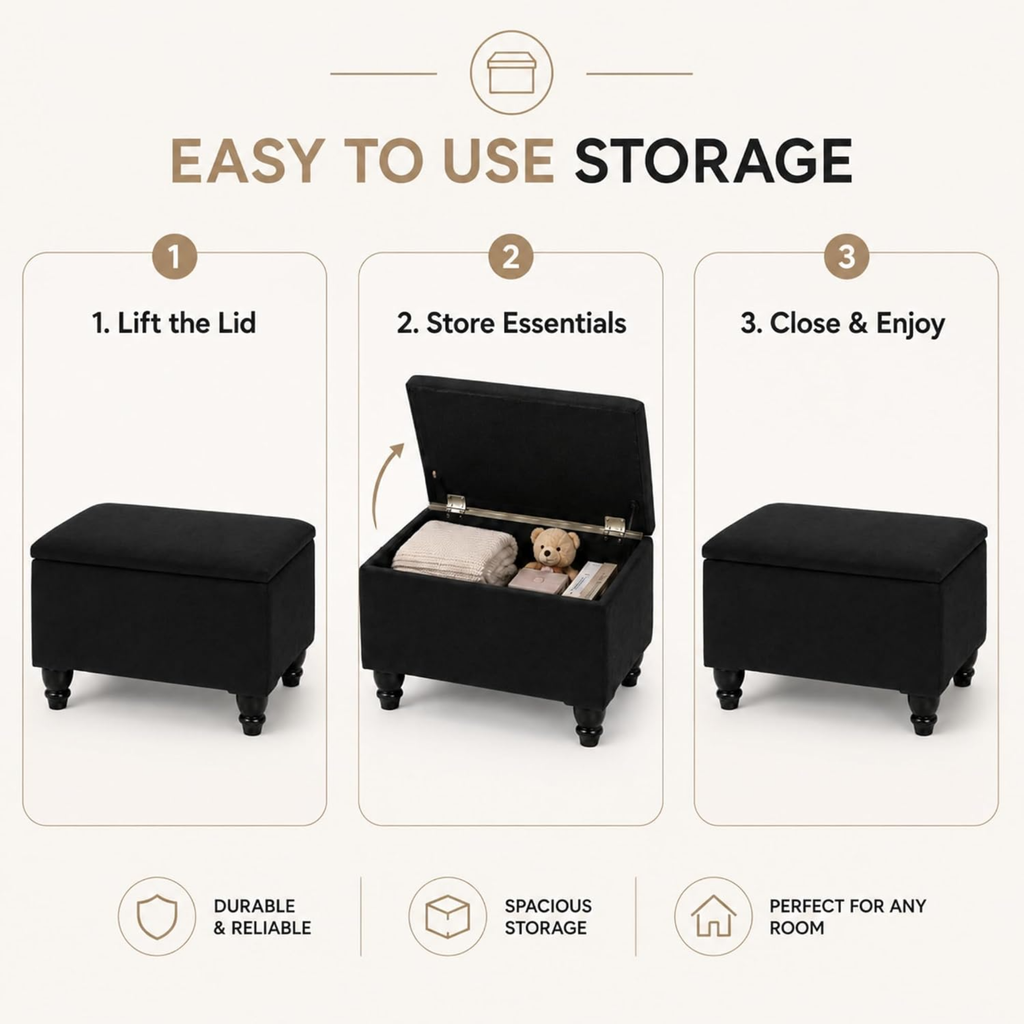 Small Ottoman Storage Footstool | Plain Top Plush Fabric Upholstered Storage Box