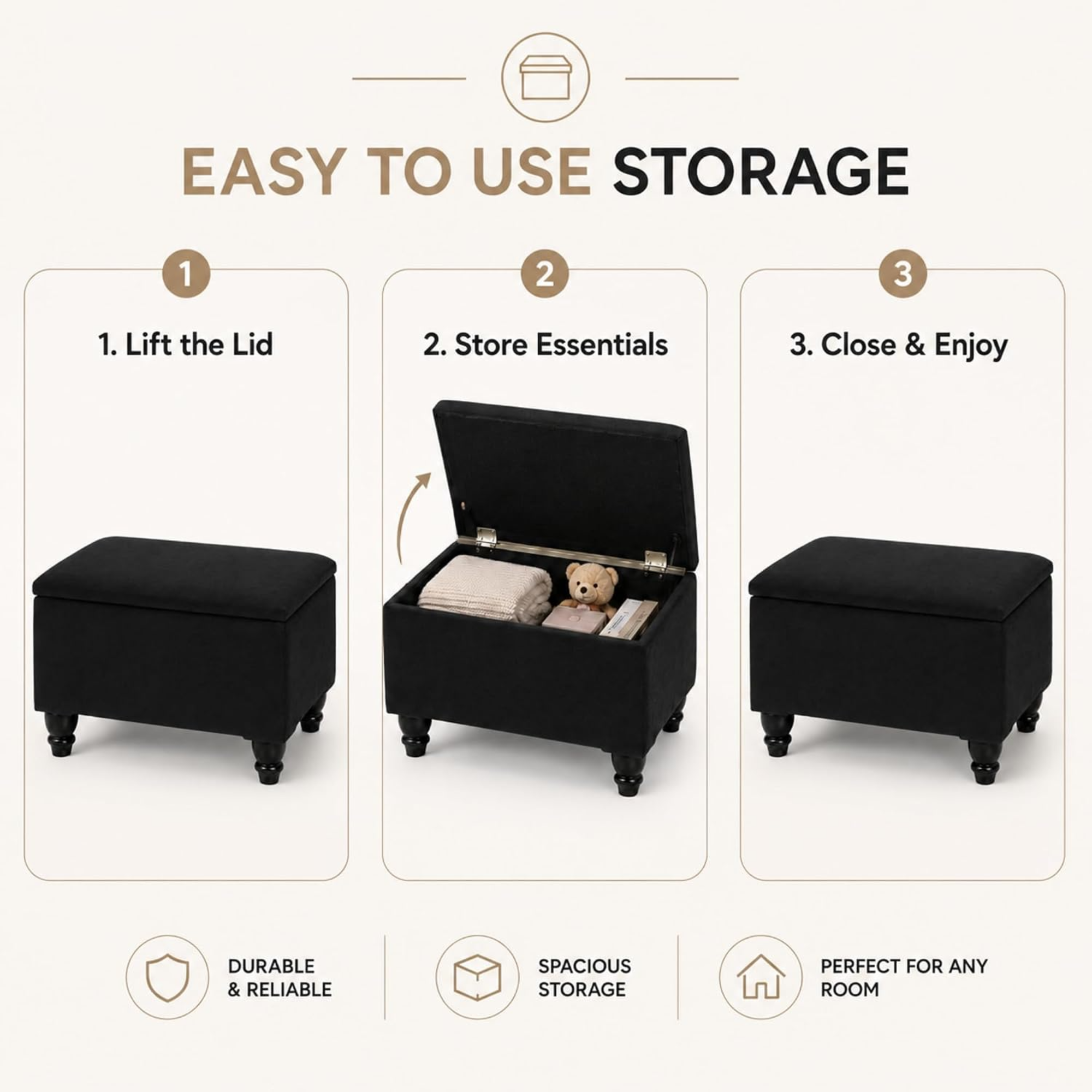 Small Ottoman Storage Footstool | Plain Top Plush Fabric Upholstered Storage Box