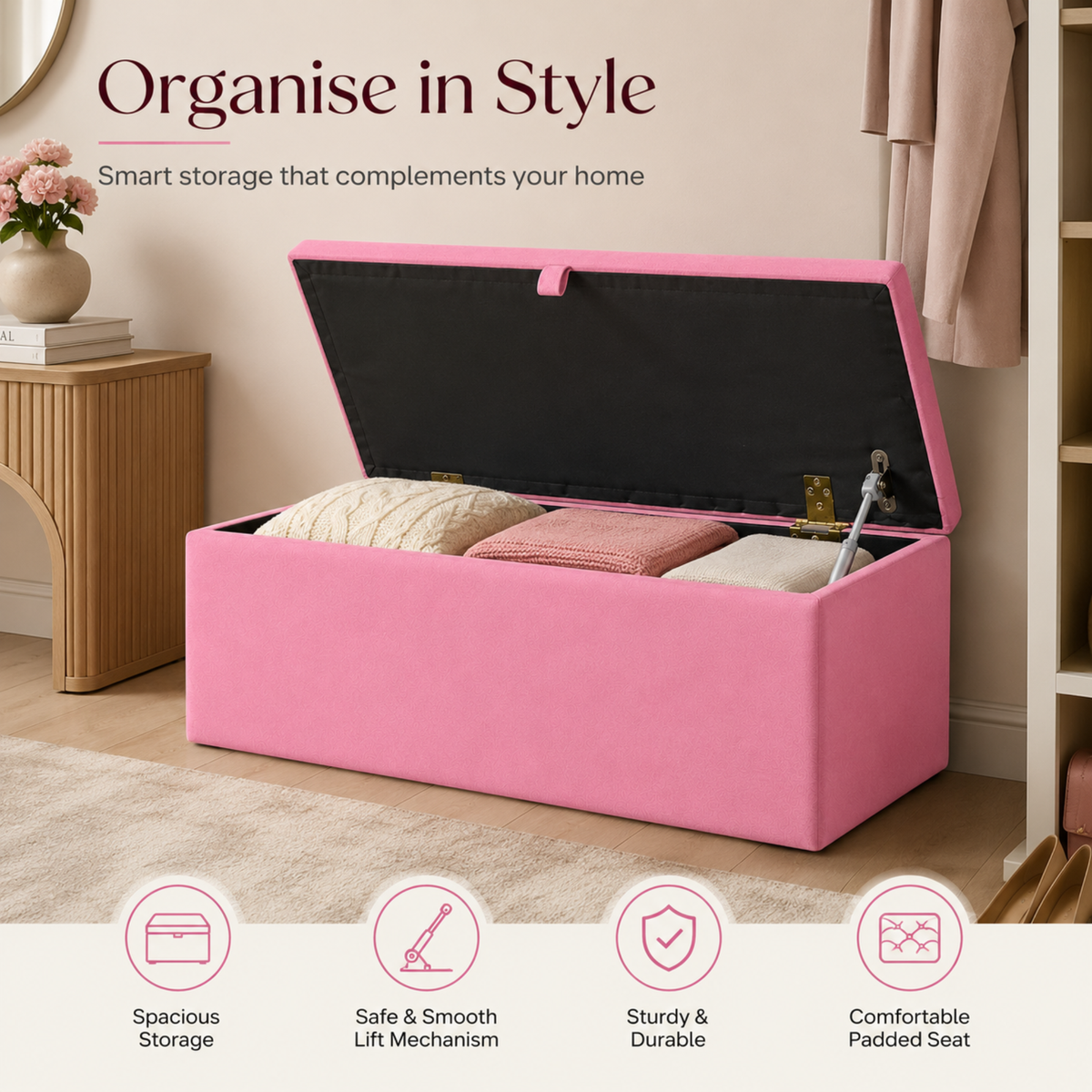 Storage Ottoman Box | Plain Plush Upholstered Bench | Hidden Storage Footstool