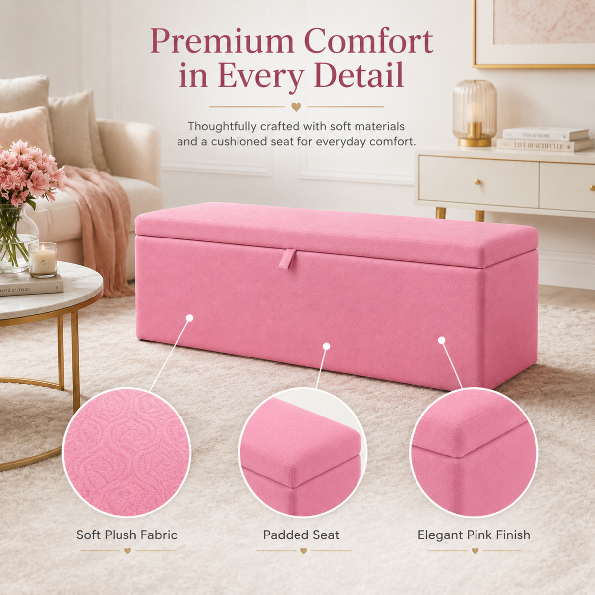 Storage Ottoman Box | Plain Plush Upholstered Bench | Hidden Storage Footstool