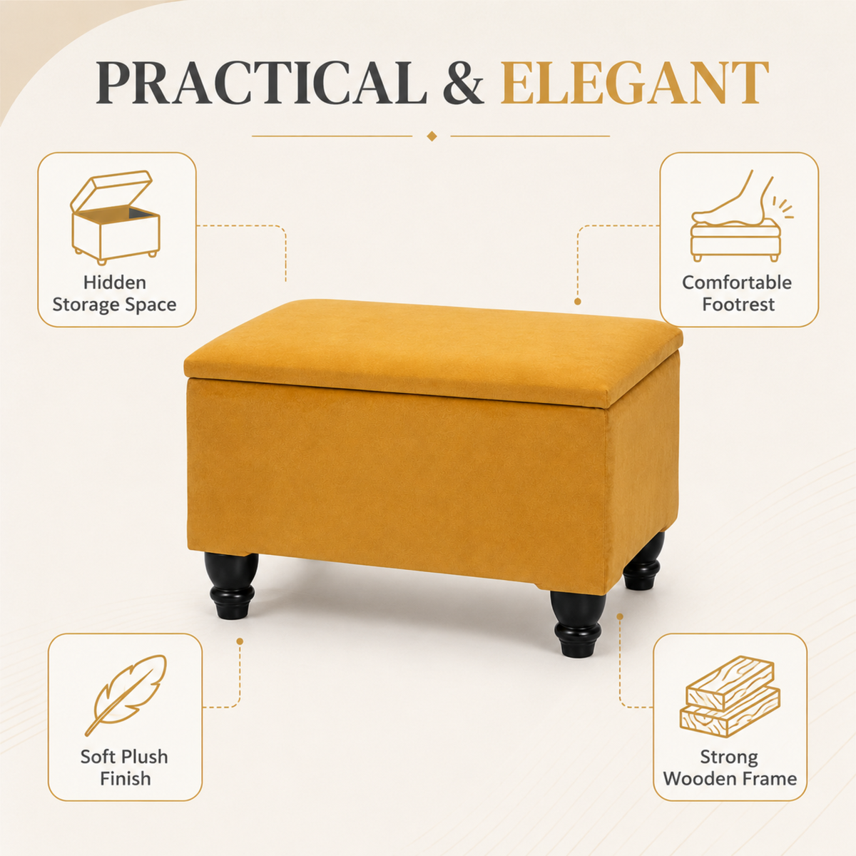Small Ottoman Storage Footstool | Plain Top Plush Fabric Upholstered Storage Box