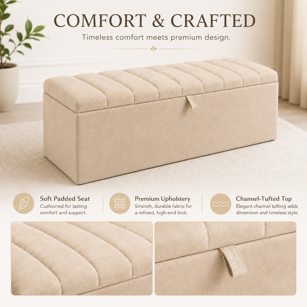 Storage Ottoman Box | Lined Top Design Plush Upholstered Bench | Hidden Storage Footstool