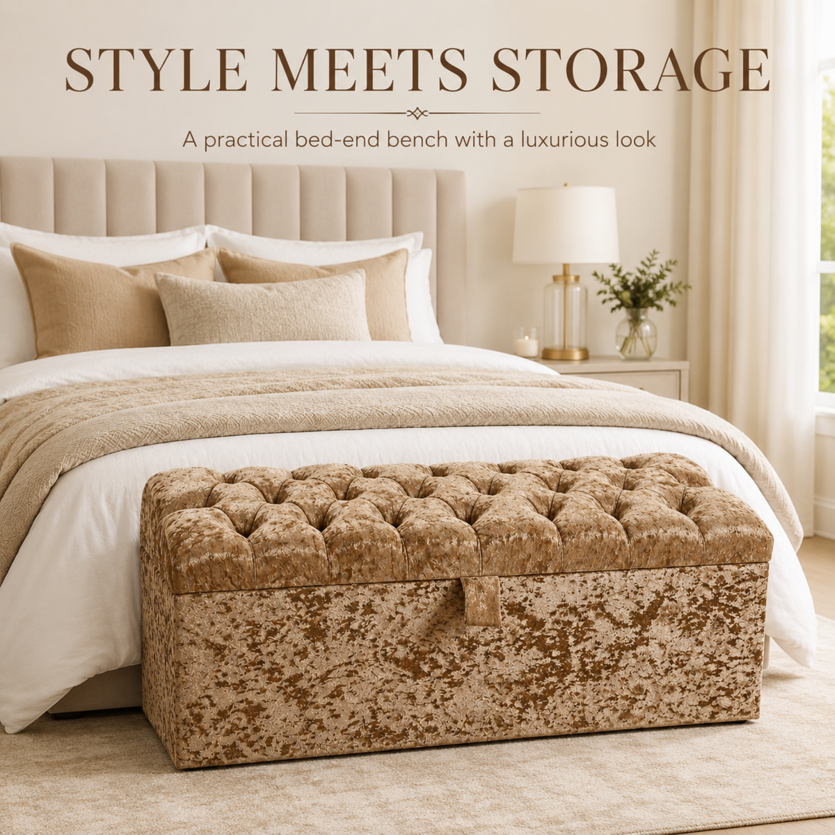 Crushed Velvet Ottoman Storage Bench | Tufted Bed End Bench with Gas Lift Lid