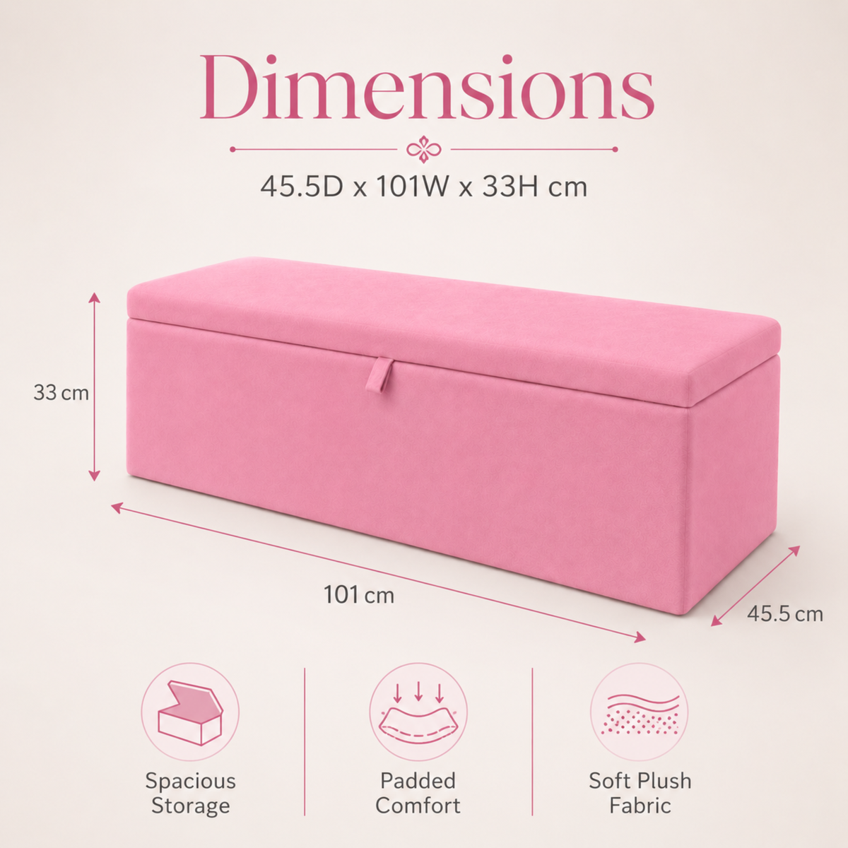 Storage Ottoman Box | Plain Plush Upholstered Bench | Hidden Storage Footstool