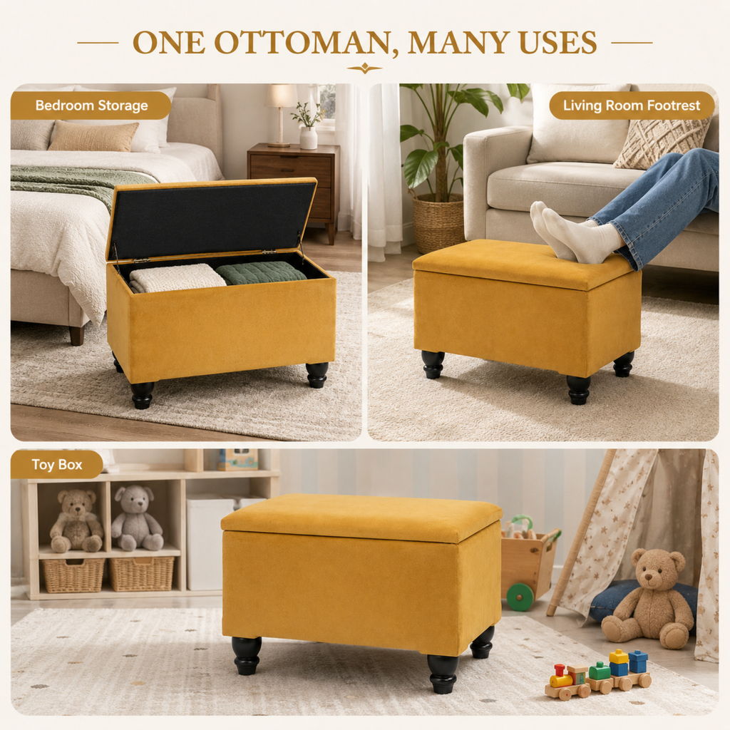 Small Ottoman Storage Footstool | Plain Top Plush Fabric Upholstered Storage Box