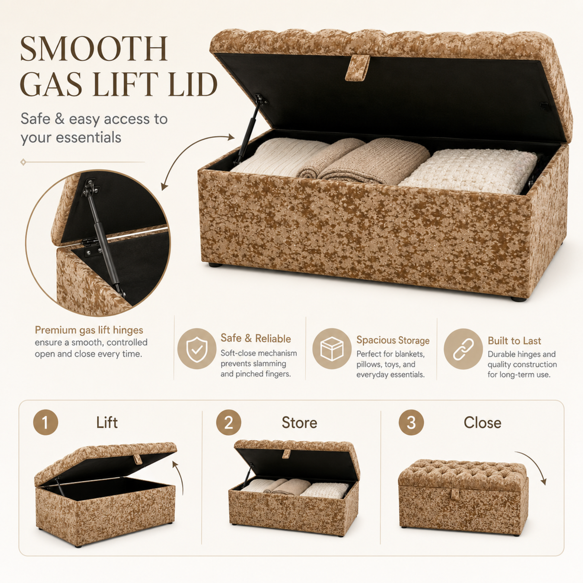 Crushed Velvet Ottoman Storage Bench | Tufted Bed End Bench with Gas Lift Lid