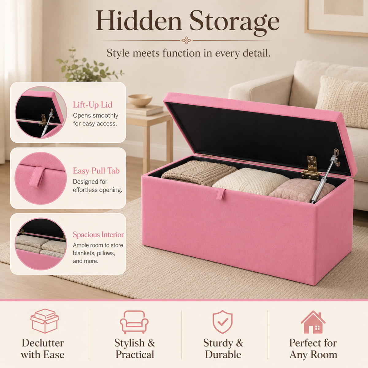 Storage Ottoman Box | Plain Plush Upholstered Bench | Hidden Storage Footstool
