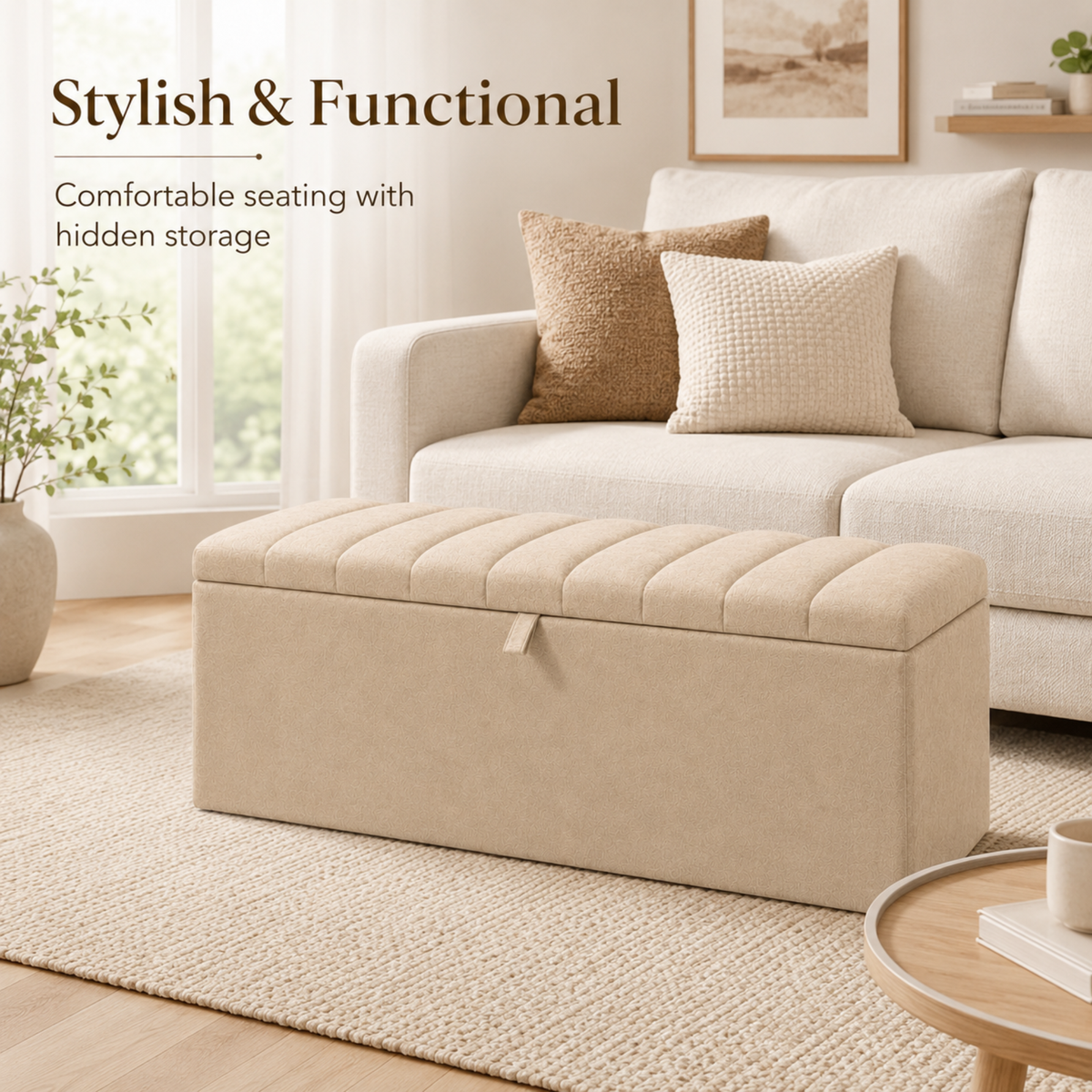 Storage Ottoman Box | Lined Top Design Plush Upholstered Bench | Hidden Storage Footstool