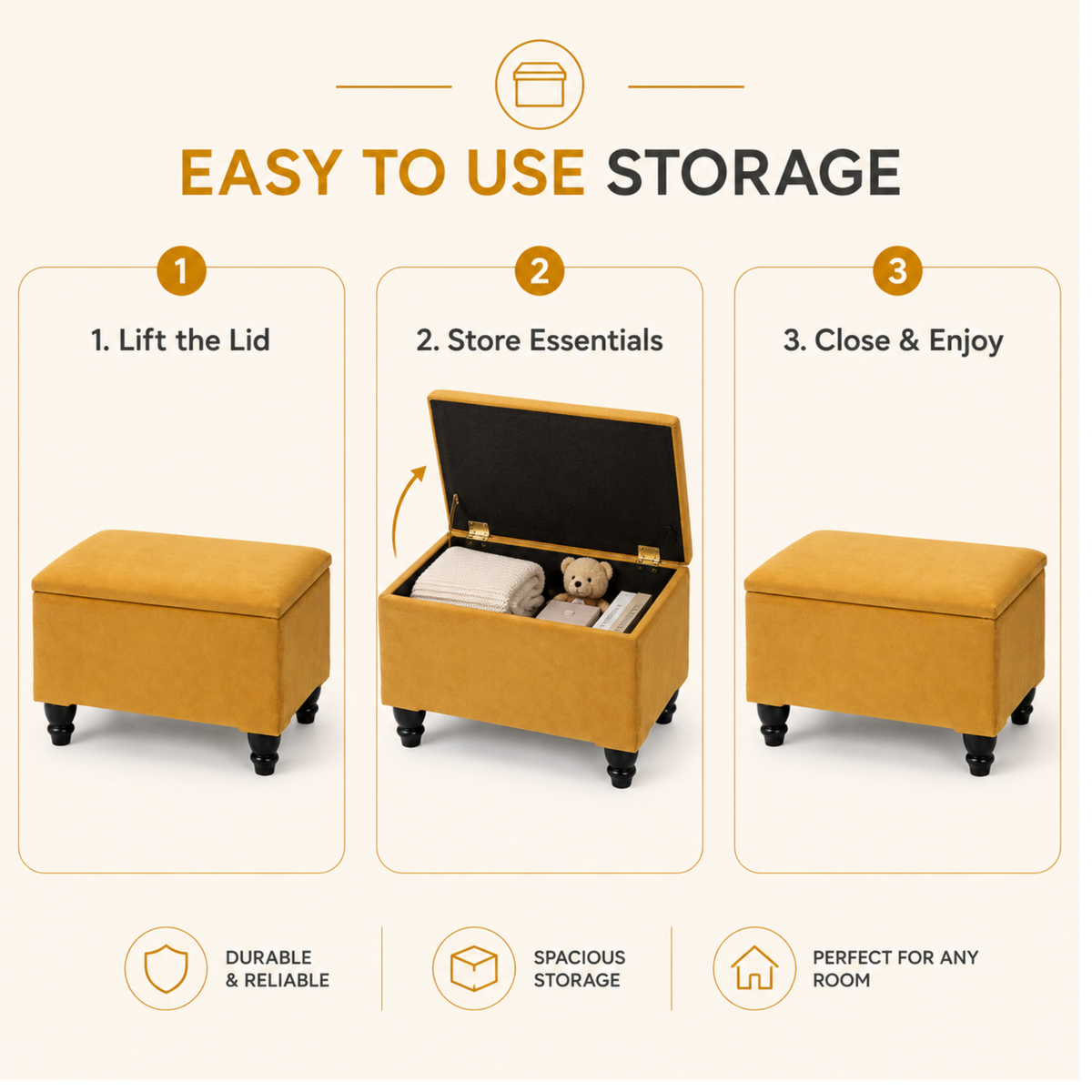 Small Ottoman Storage Footstool | Plain Top Plush Fabric Upholstered Storage Box