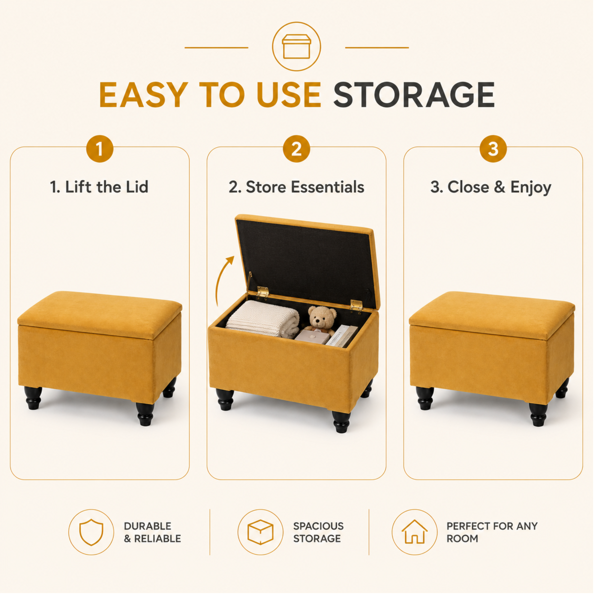 Small Ottoman Storage Footstool | Plain Top Plush Fabric Upholstered Storage Box