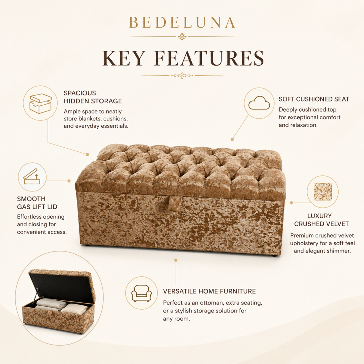 Crushed Velvet Ottoman Storage Bench | Tufted Bed End Bench with Gas Lift Lid