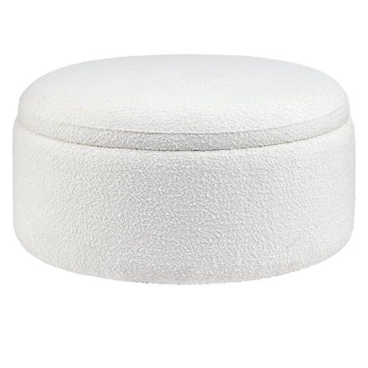 Ottoman Storage Box - Round Coffee Table for Living Room - 76cm Wooden Frame Storage Box with Lid, Toy Storage, Ideal for Livingroom, Bedroom & Room Decor - Boucle White