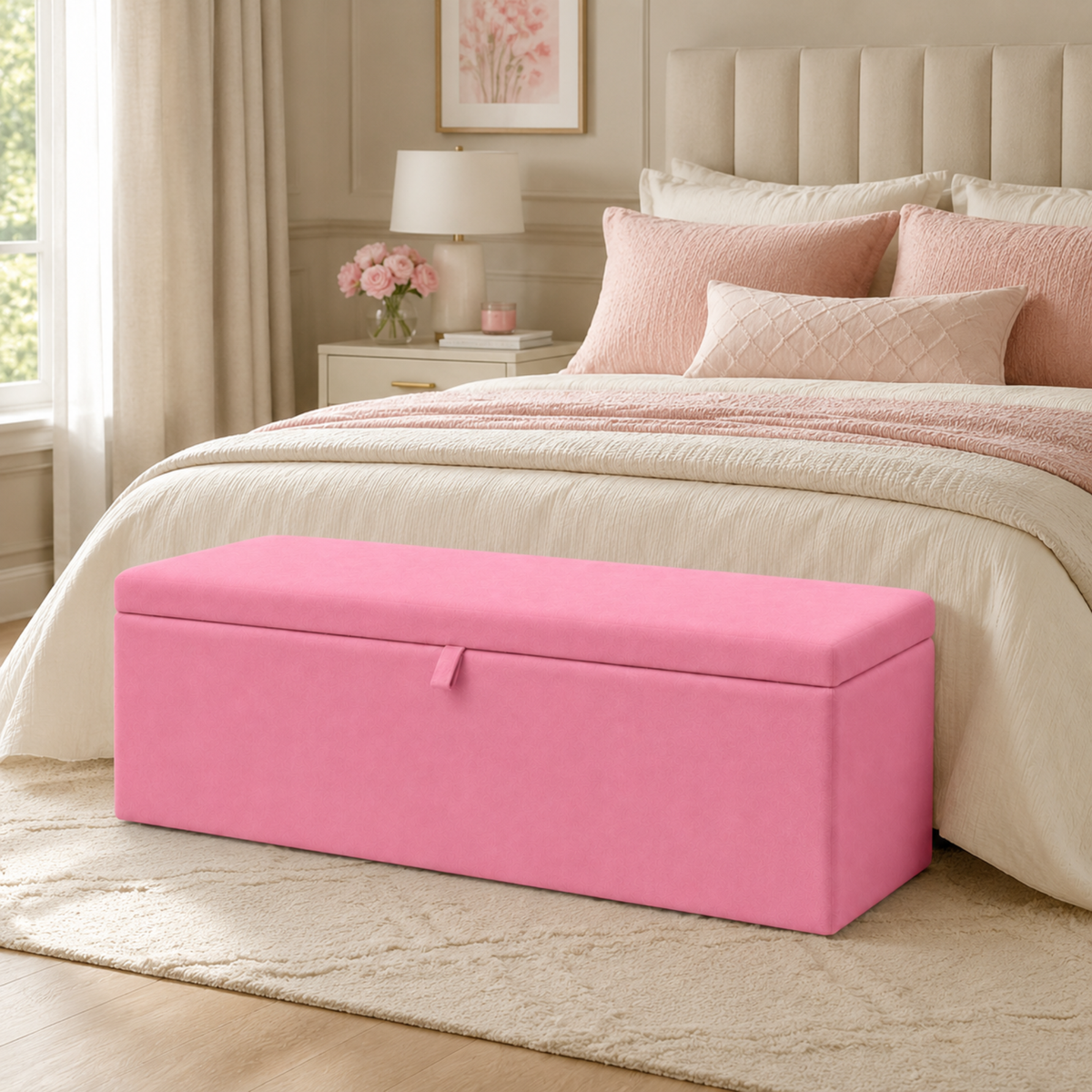 Storage Ottoman Box | Plain Plush Upholstered Bench | Hidden Storage Footstool
