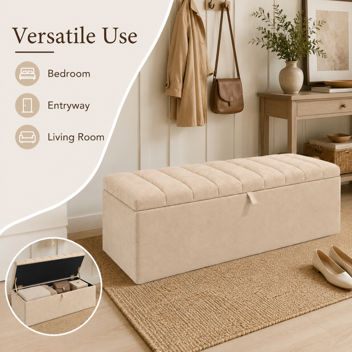 Storage Ottoman Box | Lined Top Design Plush Upholstered Bench | Hidden Storage Footstool