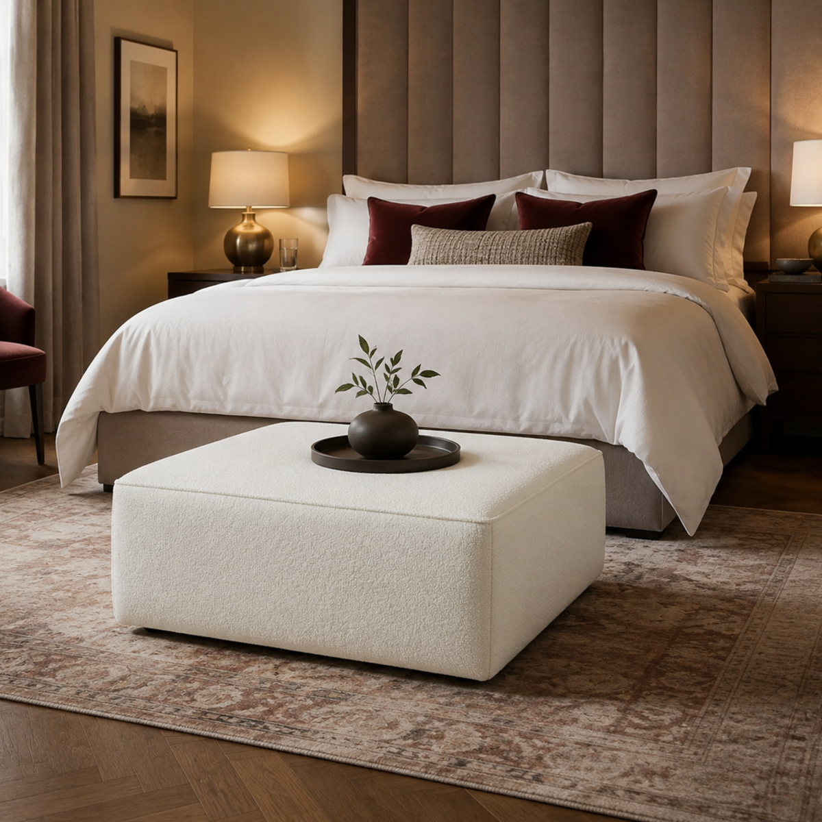 White Boucle Coffee Table | Upholstered Ottoman Footstool | Modern Living Room Furniture