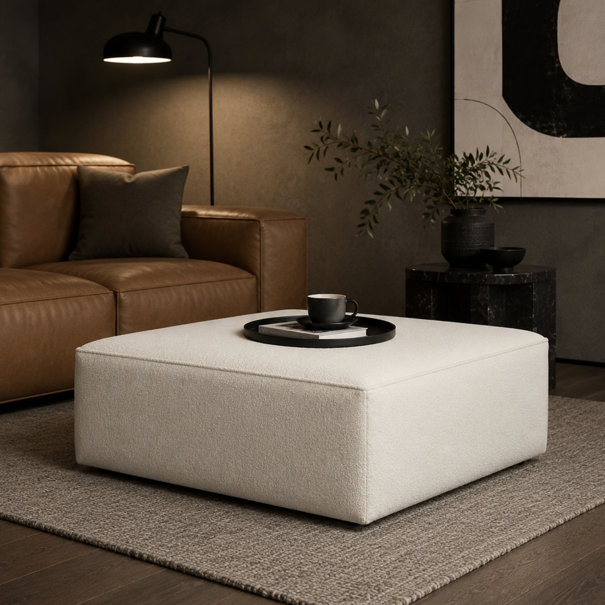 White Boucle Coffee Table | Upholstered Ottoman Footstool | Modern Living Room Furniture