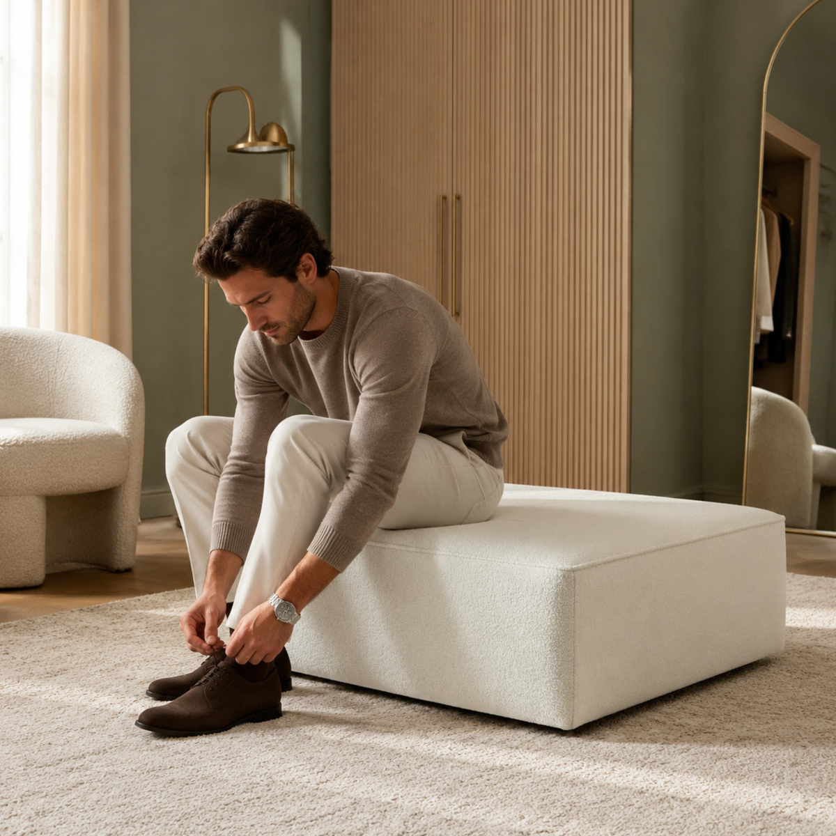 White Boucle Coffee Table | Upholstered Ottoman Footstool | Modern Living Room Furniture