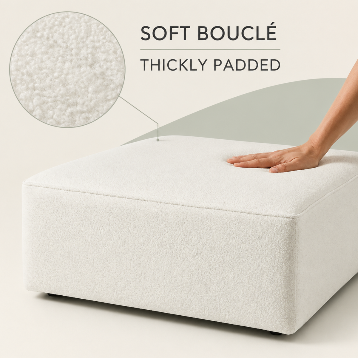 White Boucle Coffee Table | Upholstered Ottoman Footstool | Modern Living Room Furniture