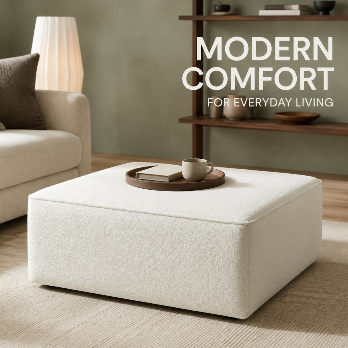 White Boucle Coffee Table | Upholstered Ottoman Footstool | Modern Living Room Furniture