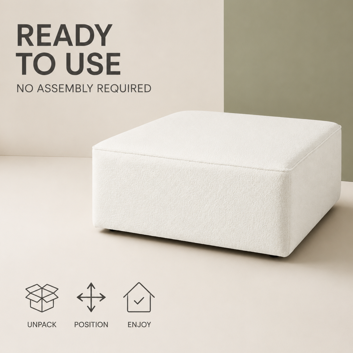 White Boucle Coffee Table | Upholstered Ottoman Footstool | Modern Living Room Furniture