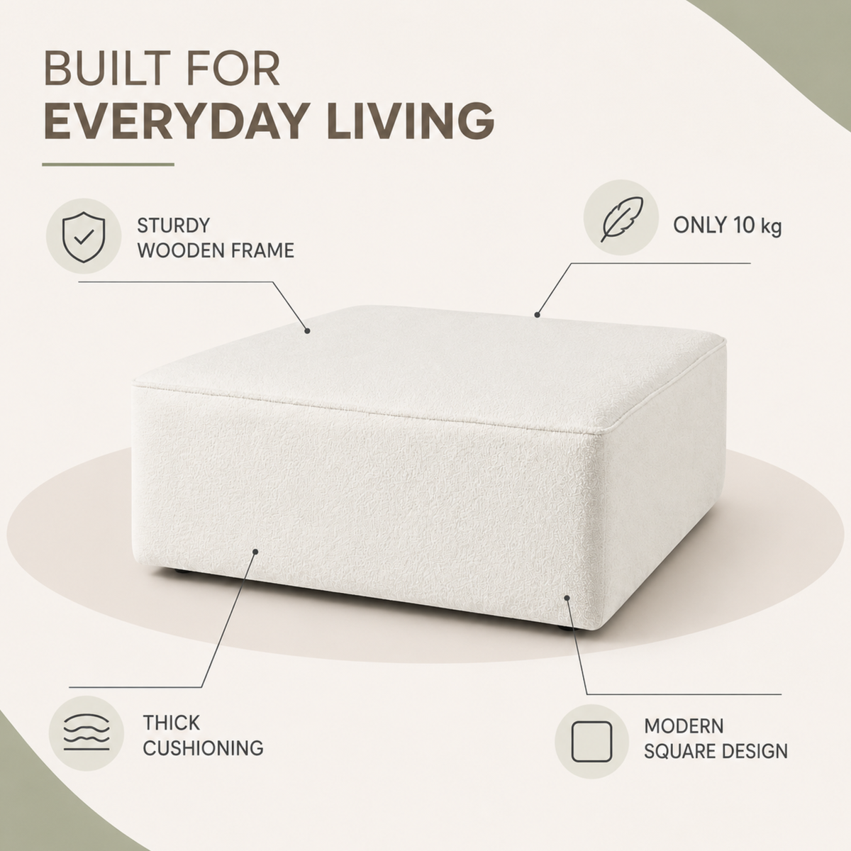 White Boucle Coffee Table | Upholstered Ottoman Footstool | Modern Living Room Furniture