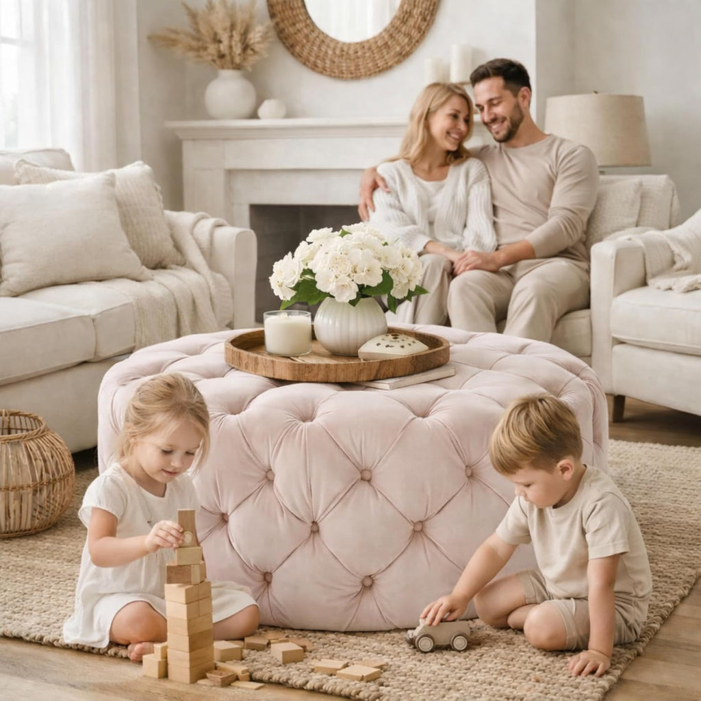 Modern Button Tufted Round Upholstered Ottoman Stool