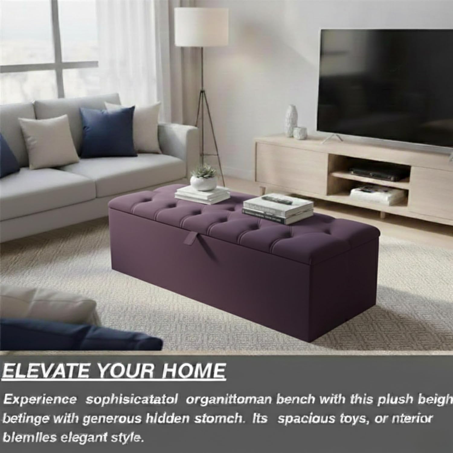 Button Studded Upholstered Rectangular Ottoman Storage