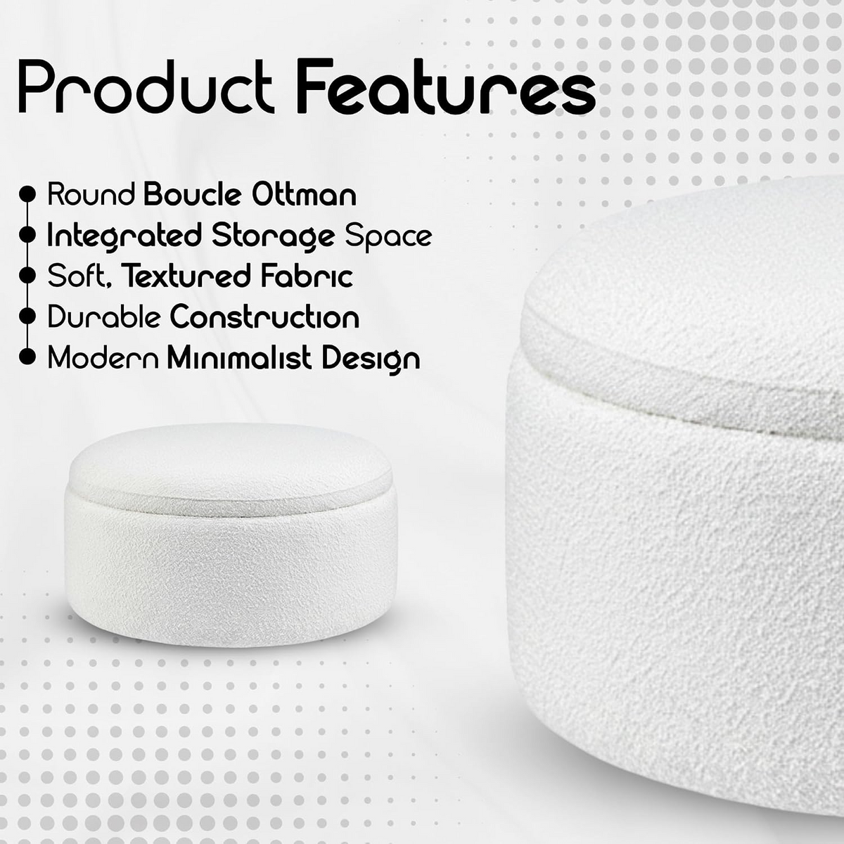 Ottoman Storage Box - Round Coffee Table for Living Room - 76cm Wooden Frame Storage Box with Lid, Toy Storage, Ideal for Livingroom, Bedroom & Room Decor - Boucle White