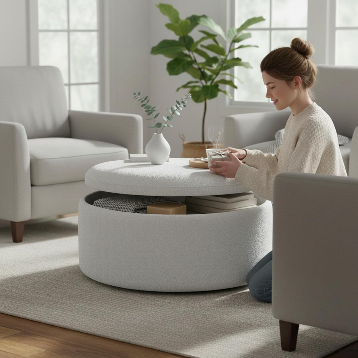 Ottoman Storage Box - Round Coffee Table for Living Room - 76cm Wooden Frame Storage Box with Lid, Toy Storage, Ideal for Livingroom, Bedroom & Room Decor - Boucle White