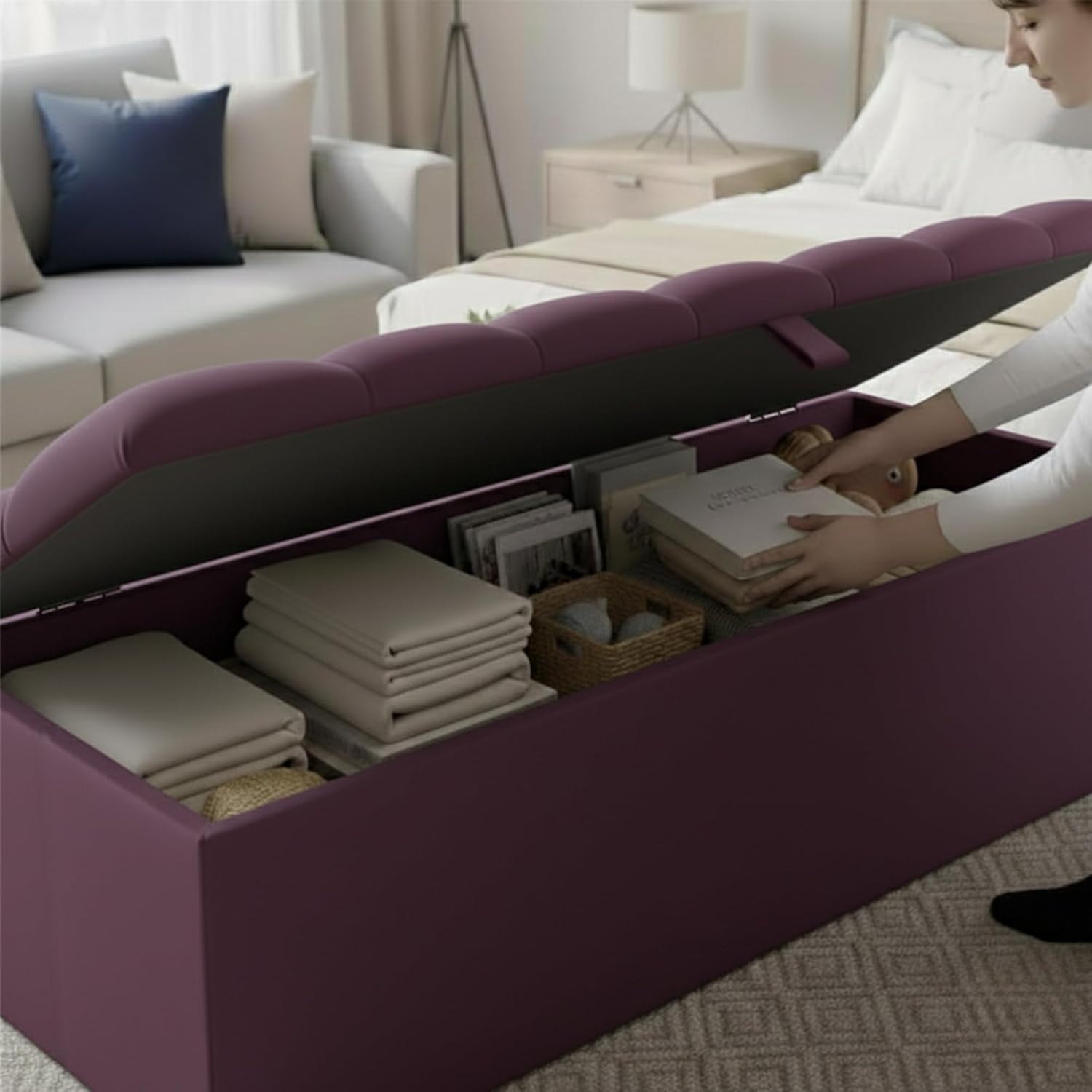 Button Studded Upholstered Rectangular Ottoman Storage