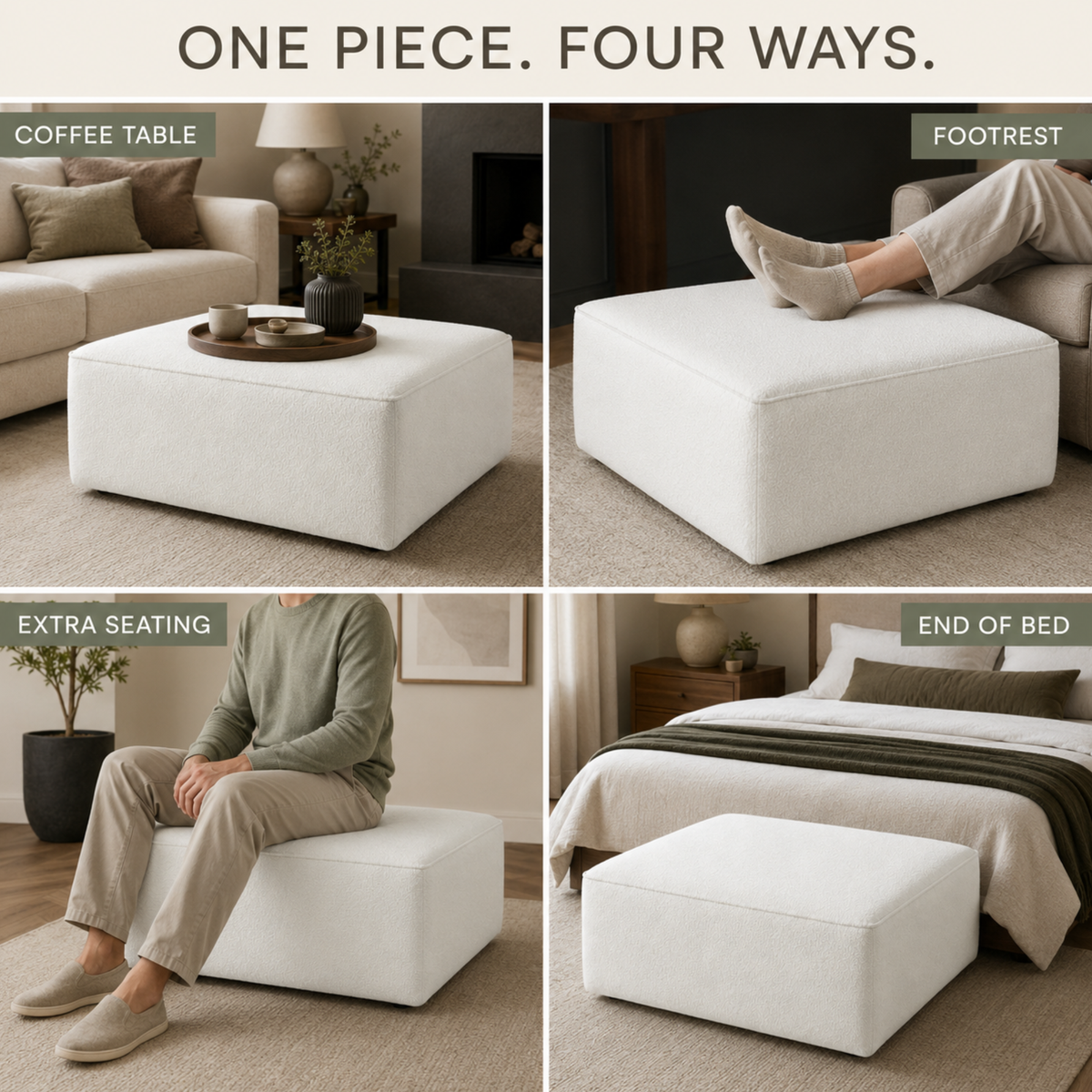 White Boucle Coffee Table | Upholstered Ottoman Footstool | Modern Living Room Furniture