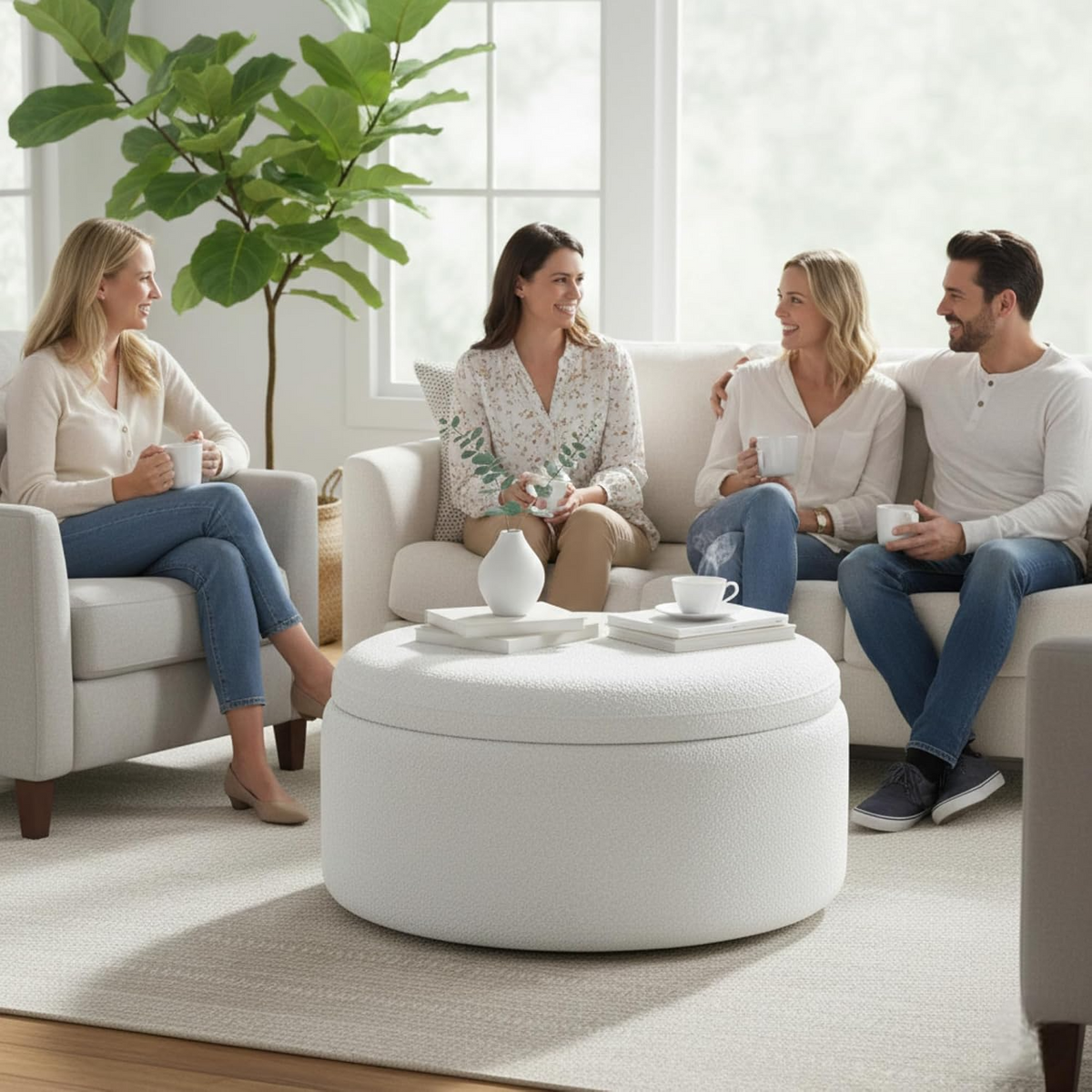 Ottoman Storage Box - Round Coffee Table for Living Room - 76cm Wooden Frame Storage Box with Lid, Toy Storage, Ideal for Livingroom, Bedroom & Room Decor - Boucle White