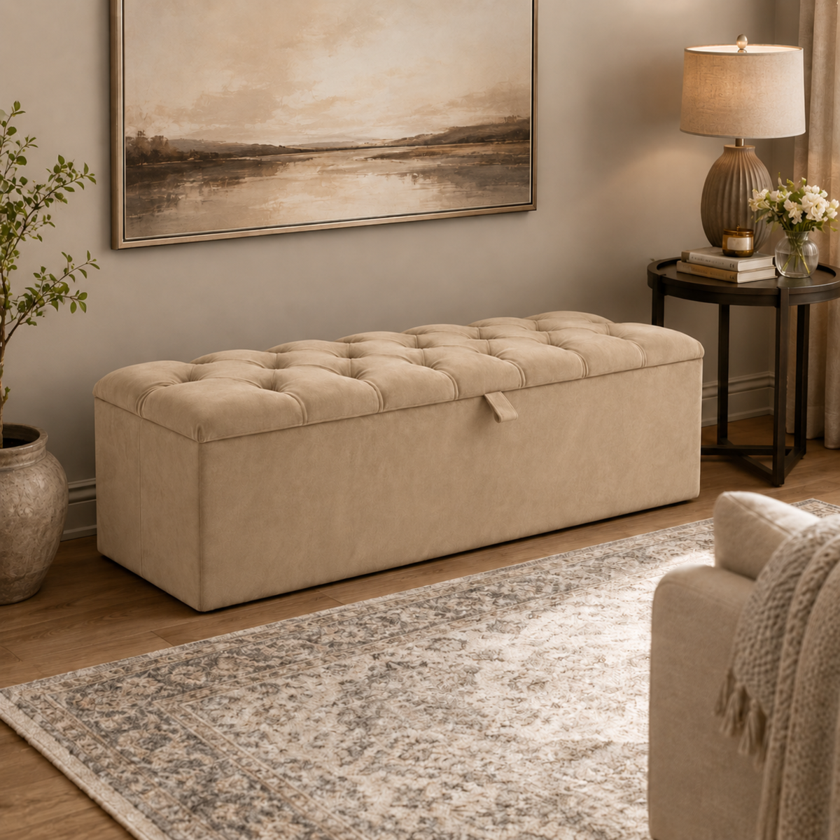 Storage Ottoman Box | Chesterfield Design Plush Upholstered Bench | Hidden Storage Footstool