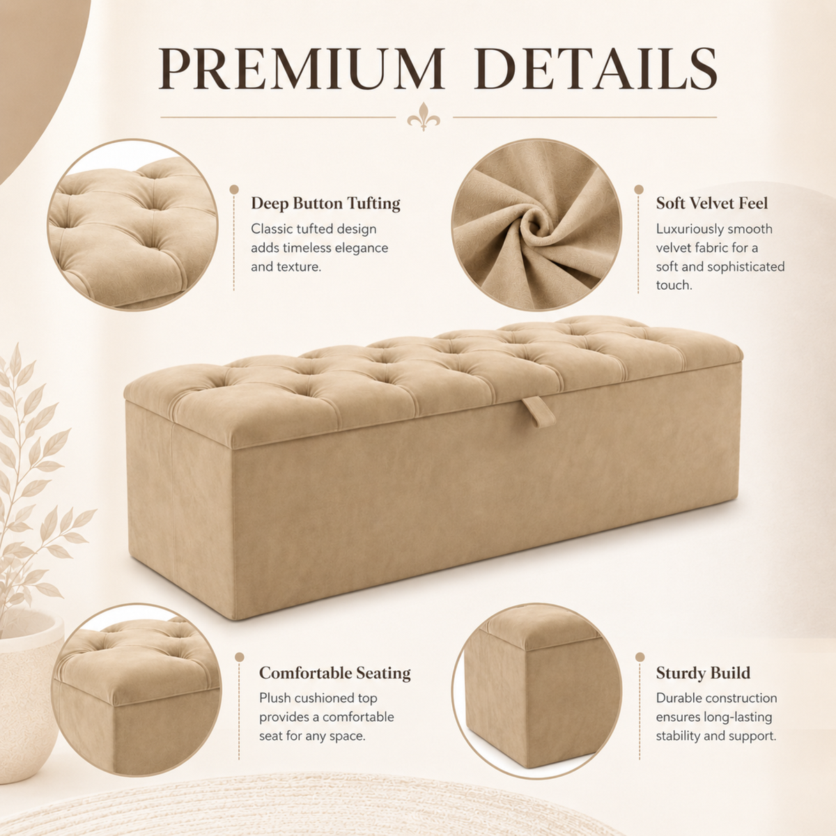 Storage Ottoman Box | Chesterfield Design Plush Upholstered Bench | Hidden Storage Footstool
