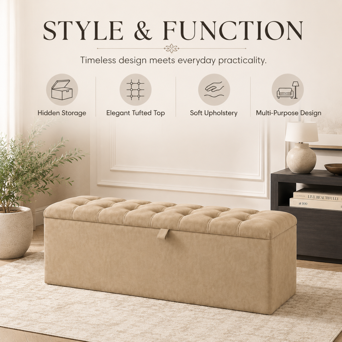Storage Ottoman Box | Chesterfield Design Plush Upholstered Bench | Hidden Storage Footstool