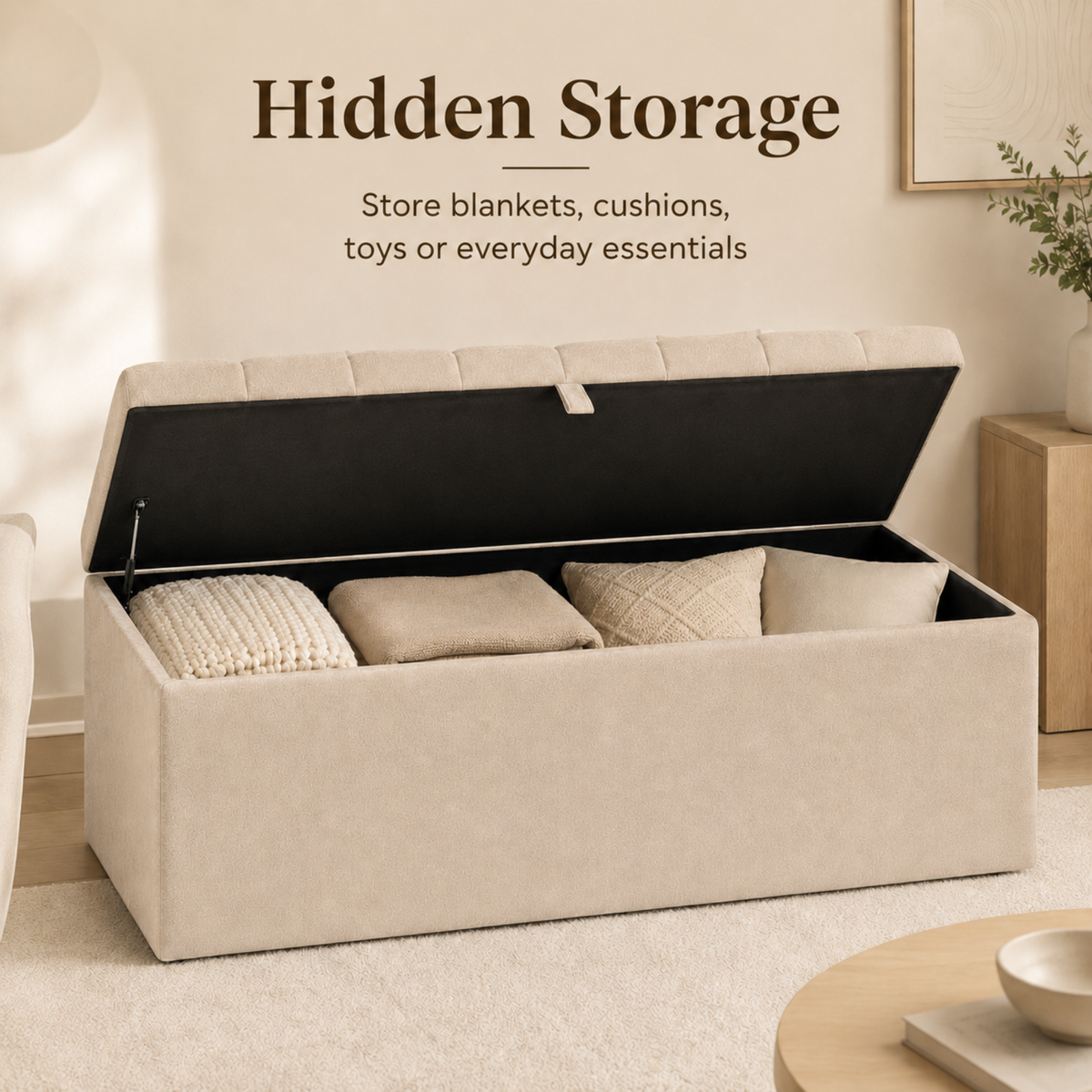 Storage Ottoman Box | Lined Top Design Plush Upholstered Bench | Hidden Storage Footstool