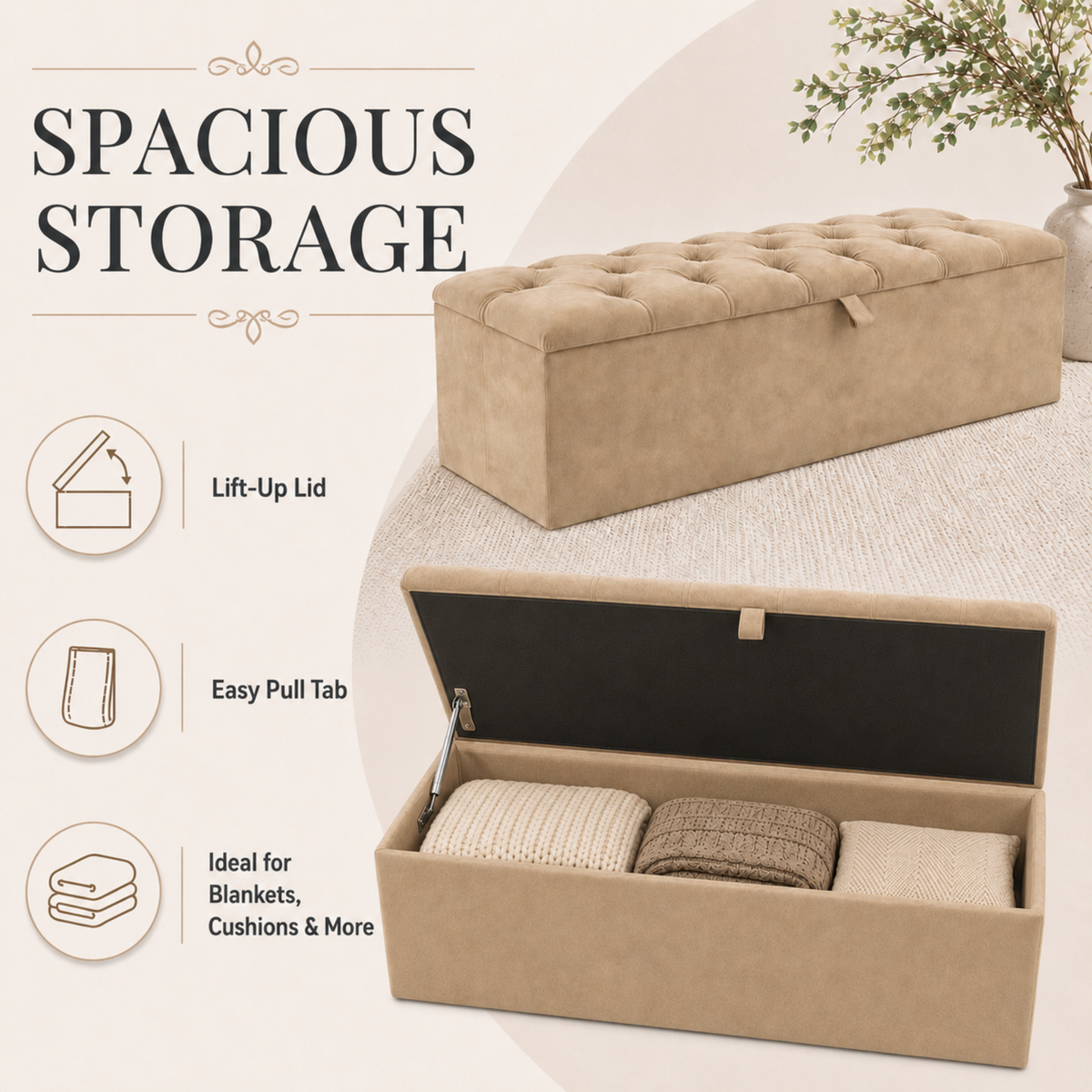 Storage Ottoman Box | Chesterfield Design Plush Upholstered Bench | Hidden Storage Footstool