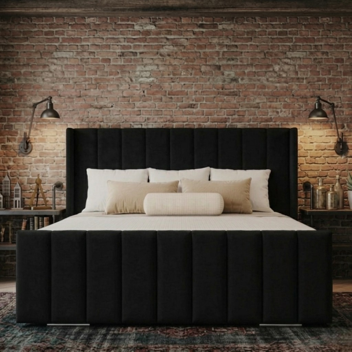 Vienna Plush Velvet Upholstered Bed | 48" Luxury Panelled Headboard | Bed Frame & Mattress Set
