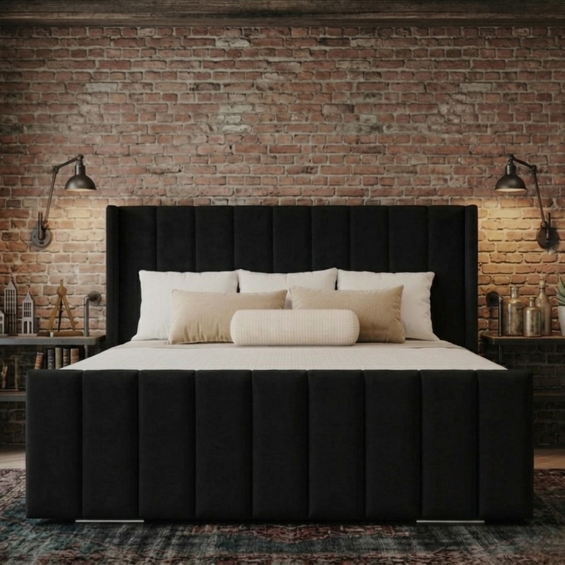 Vienna Plush Velvet Upholstered Bed | 48" Luxury Panelled Headboard | Bed Frame & Mattress Set
