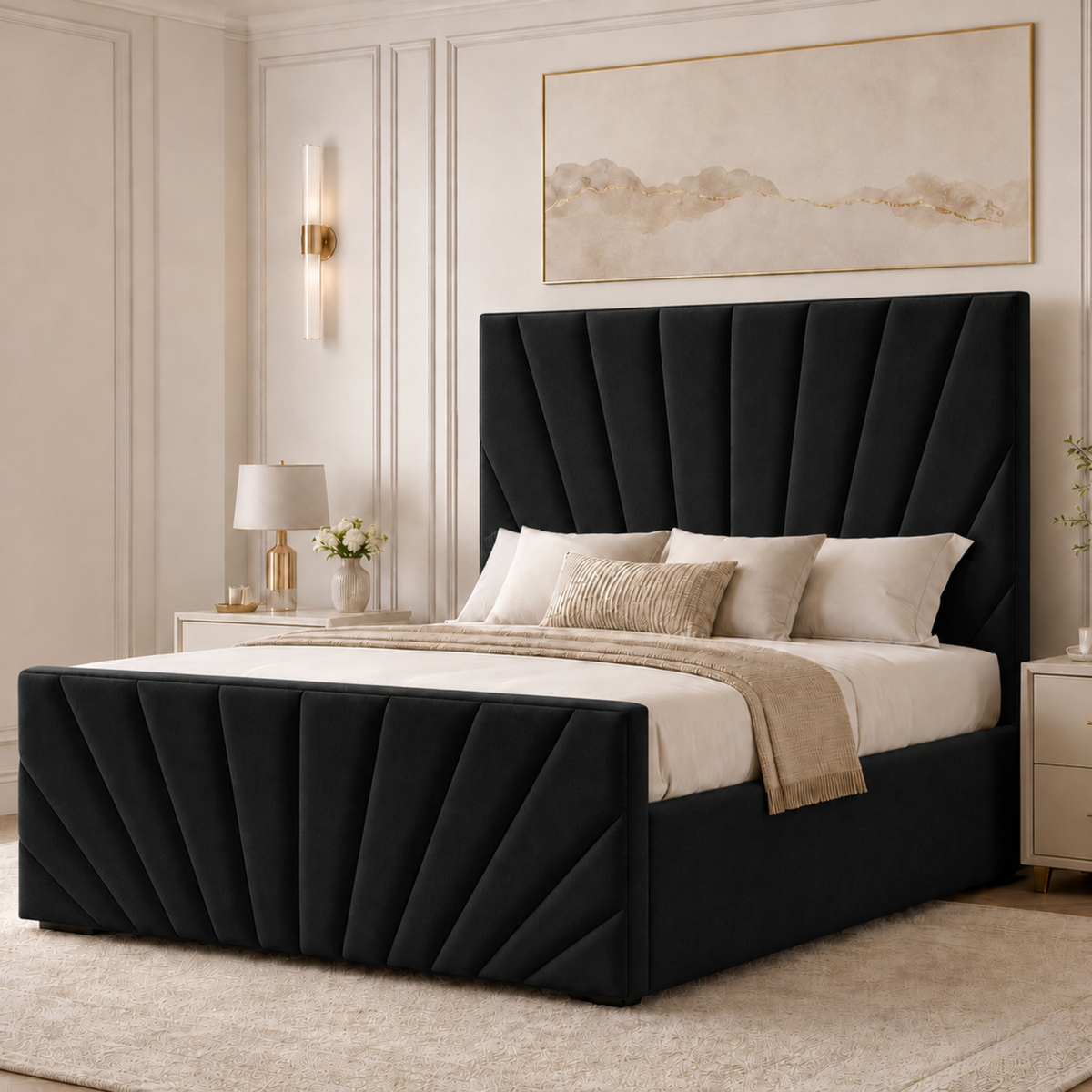 Sunrise Luxury Plush Velvet Ottoman Bed | 48" Panelled Headboard  | Bed & Mattress Set