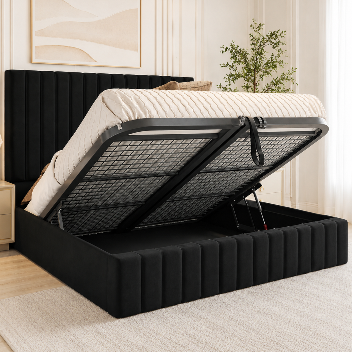 Ottoman Bed - Ottoman Bed with Gas Lift Up - Plush Velvet Upholstered Panelled Ottoman Bed with Storage, Luxury 48” Headboard Storage Beds