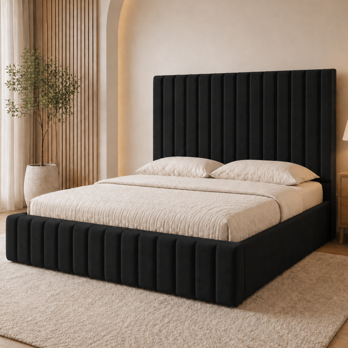 Astra Plush Velvet Upholstered Bed | Luxury 48" Panelled Headboard | Modern Bed Frame & Mattress